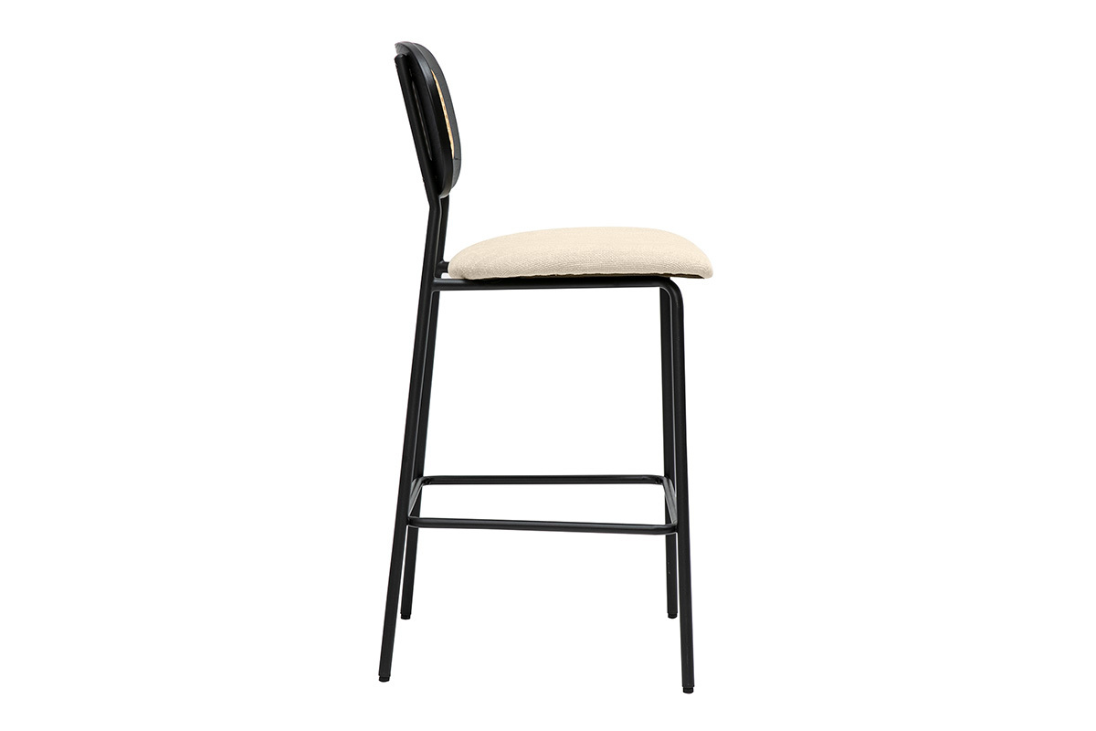 Designhocker aus Stoff in beige Samtoptik, schwarzem Metall und Rattan-Cannage (2er Set) MIRANDA