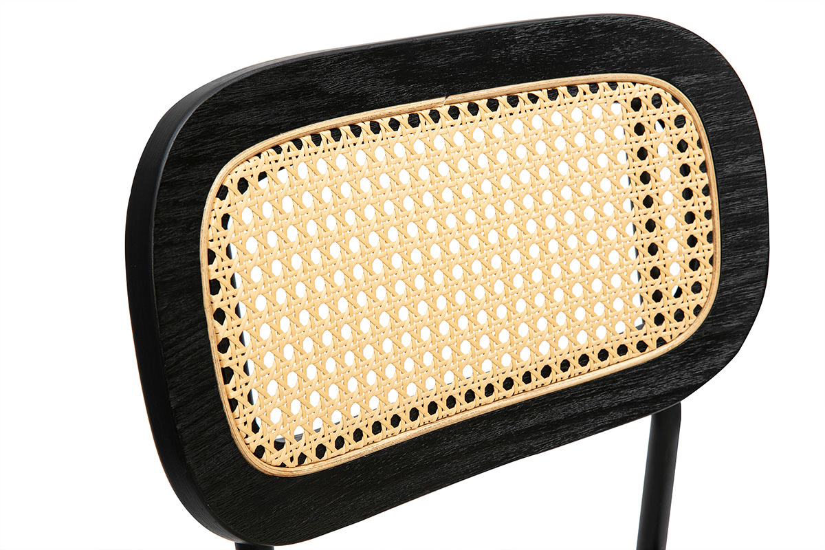 Designhocker aus Stoff in beige Samtoptik, schwarzem Metall und Rattan-Cannage (2er Set) MIRANDA