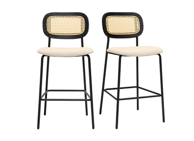 Designhocker aus Stoff in beige Samtoptik, schwarzem Metall und Rattan-Cannage (2er Set) MIRANDA