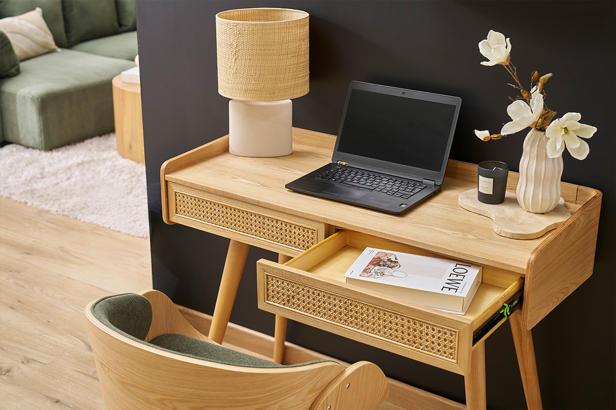Designschreibtisch mit 2 Schubladen aus hellem Holz und Rattan-Geflecht L105 cm ELSY