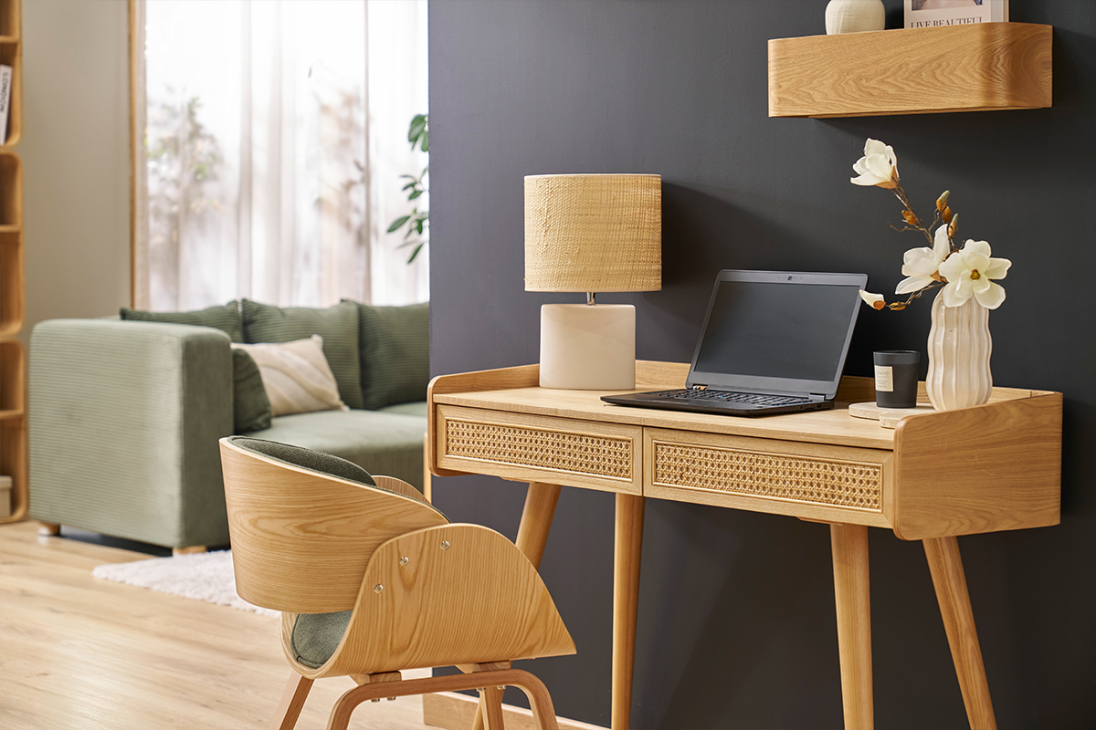 Designschreibtisch mit 2 Schubladen aus hellem Holz und Rattan-Geflecht L105 cm ELSY
