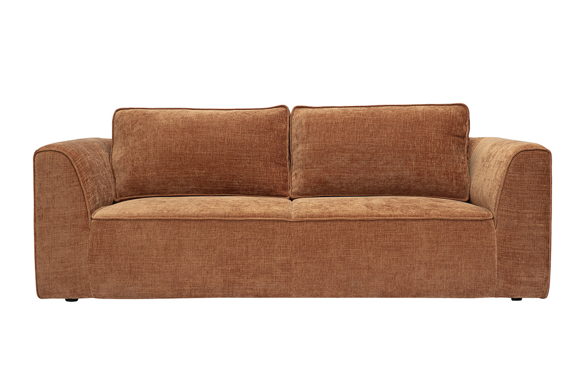 Design-Dreisitzer-Sofa mit strukturiertem Samteffekt in gebrannter Erde, Frontansicht.