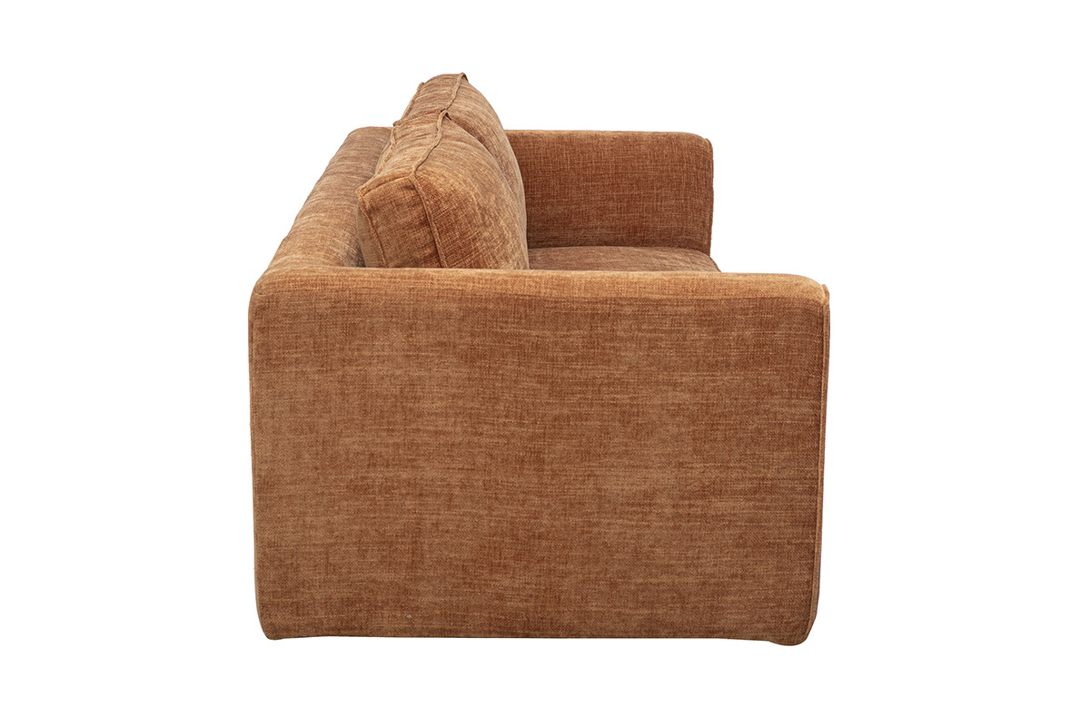 3-Sitzer-Designsofa aus Stoff in strukturierter Samtoptik, Farbe gebrannte Erde, Seitenansicht.