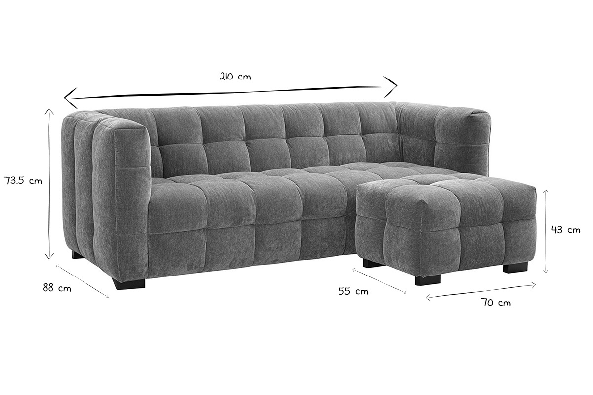 Designsofa mit 3 Pltzen und Fuhocker aus dunkelblauem strukturiertem Samteffektstoff CORTO