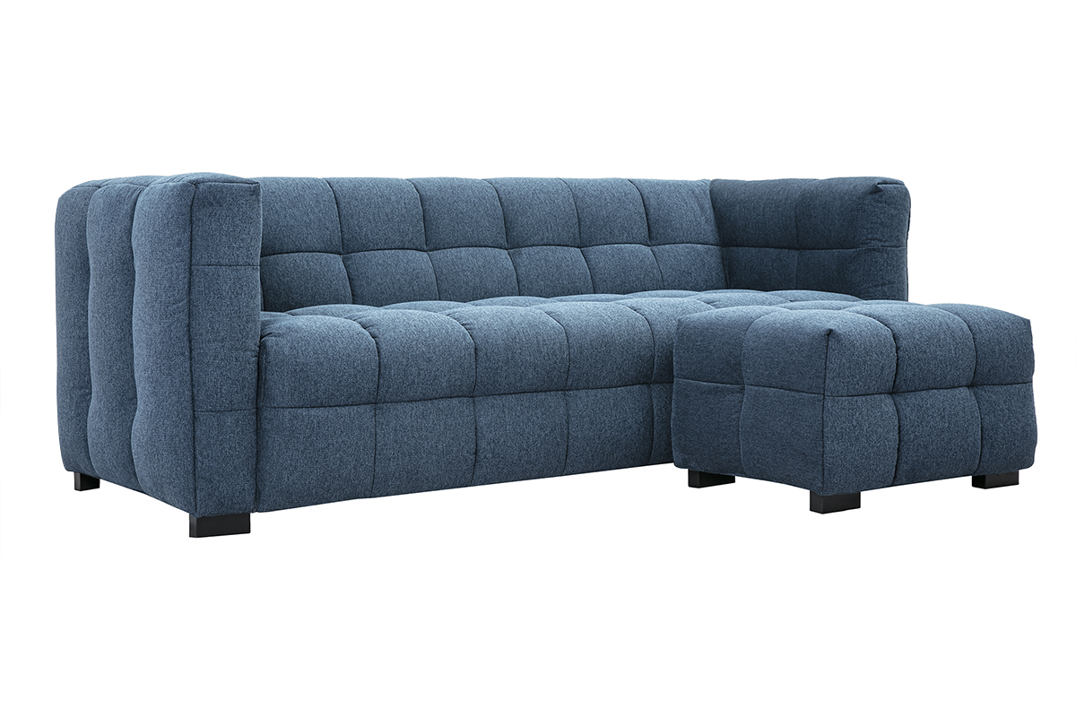 Designsofa mit 3 Pltzen und Fuhocker aus dunkelblauem strukturiertem Samteffektstoff CORTO