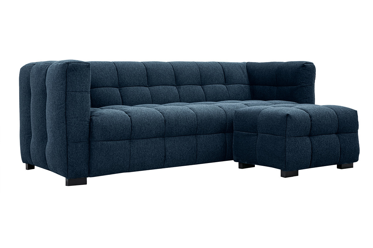 Designsofa mit 3 Pltzen und Fuhocker aus dunkelblauem strukturiertem Samteffektstoff CORTO
