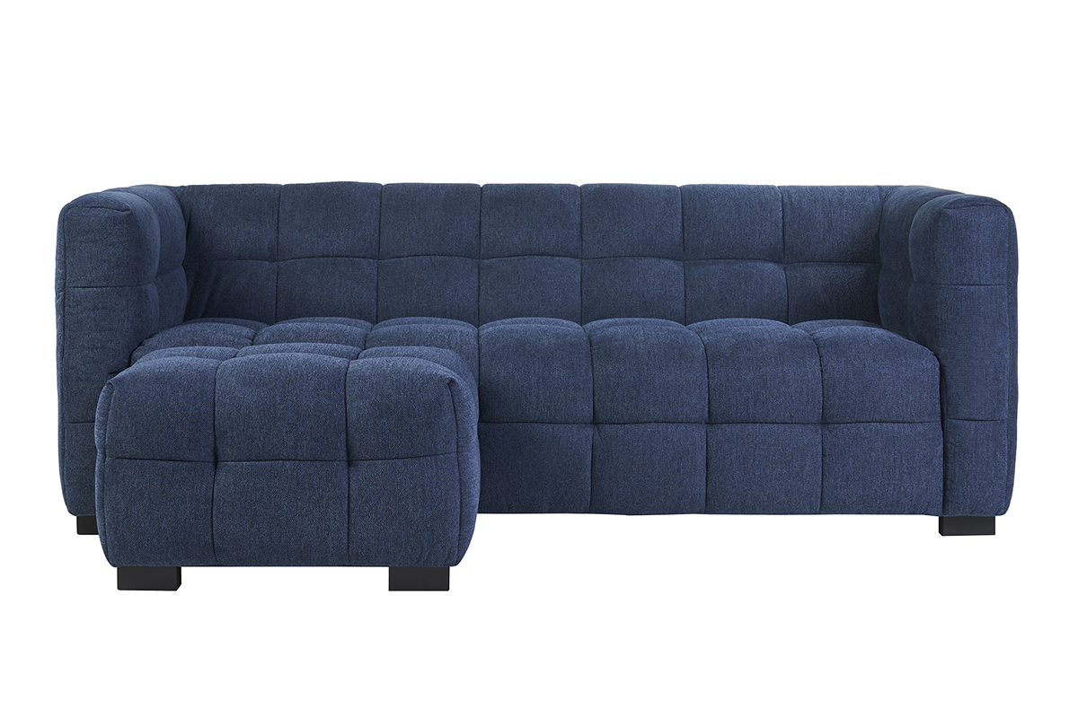 Designsofa mit 3 Pltzen und Fuhocker aus dunkelblauem strukturiertem Samteffektstoff CORTO