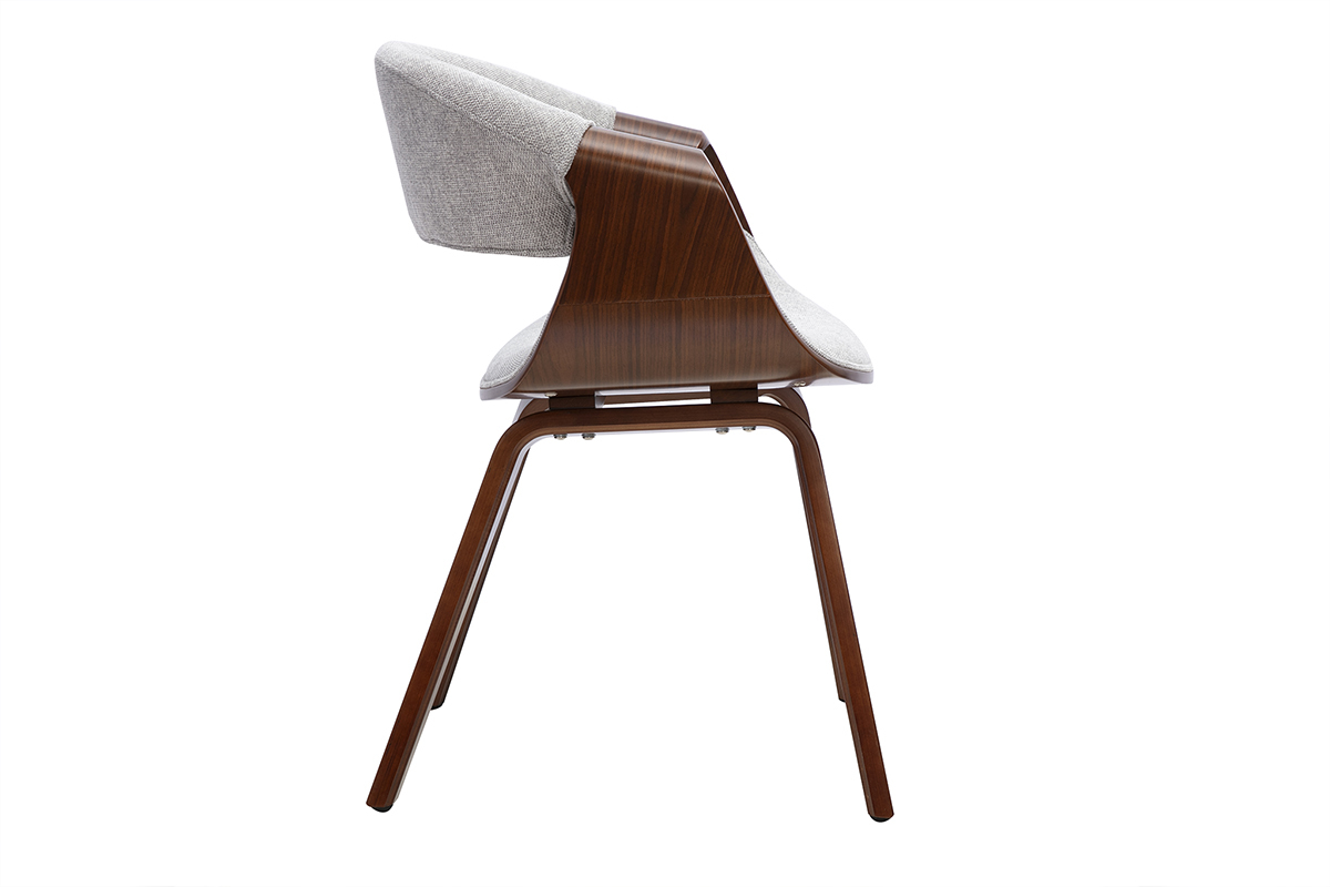 Designstuhl ARAMIS aus grauem Stoff und dunklem Holz, Seitenansicht.