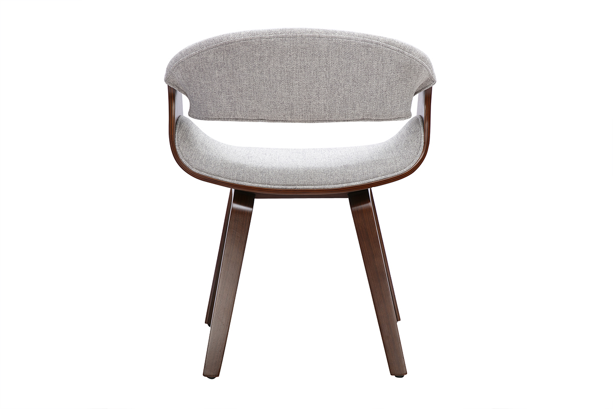 Designstuhl ARAMIS aus grauem Stoff und dunklem Holz, R�ckansicht mit Armlehnen.