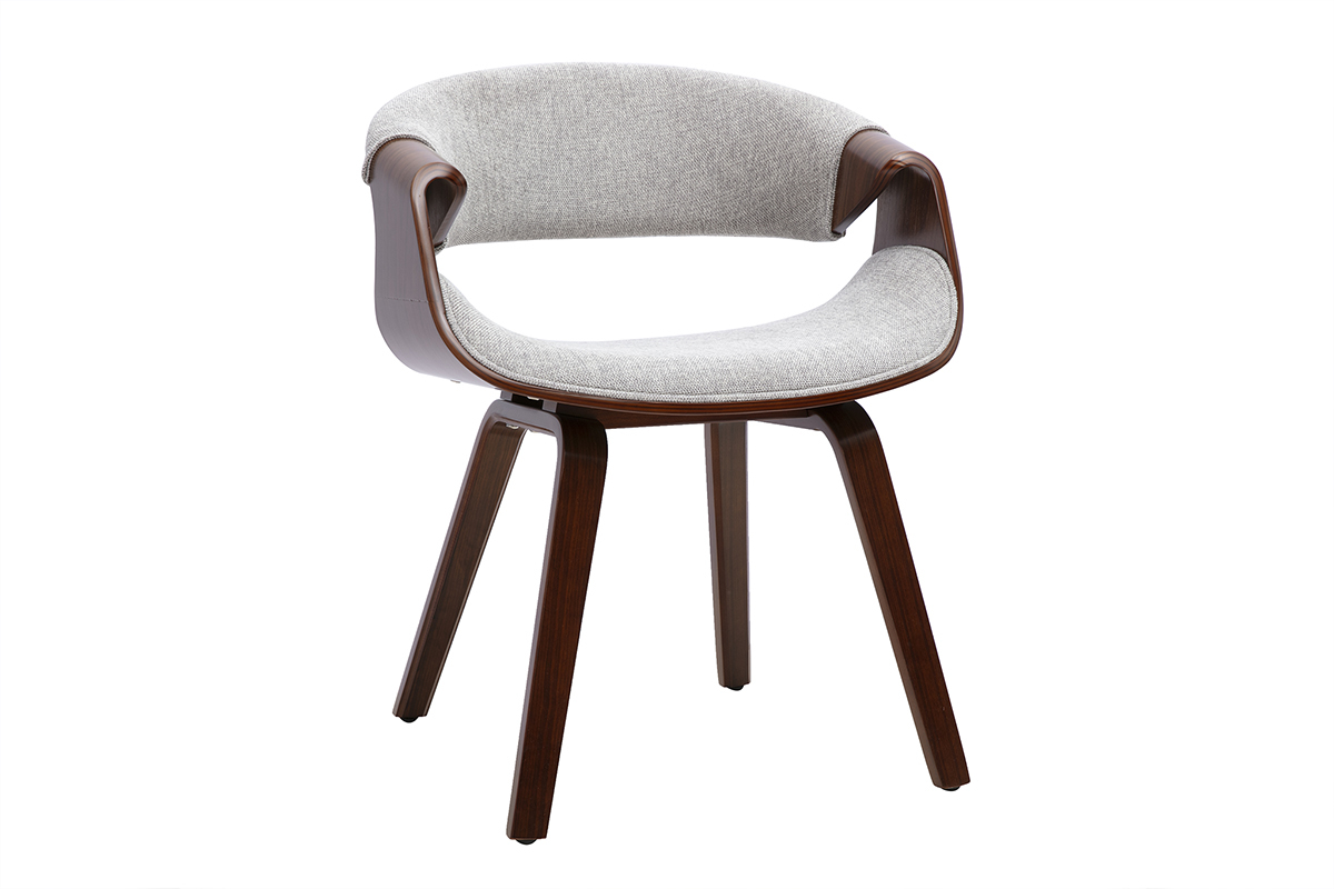 Designer-Stuhl ARAMIS aus grauem Stoff und dunklem Holz, Dreiviertelansicht