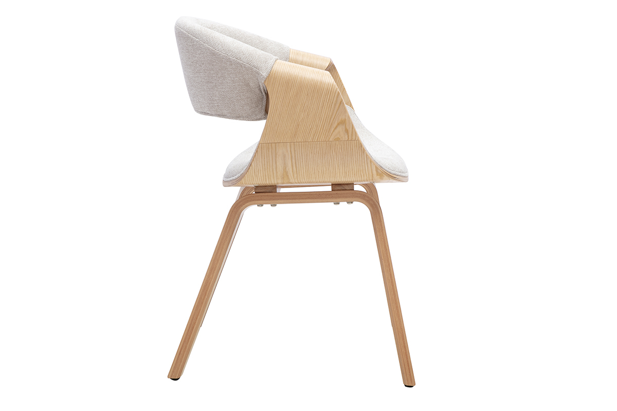 Designstuhl ARAMIS aus beigem Stoff und hellem Holz, Seitenansicht.