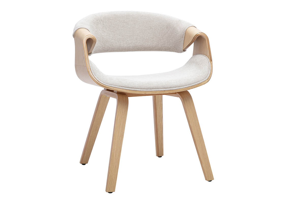 Designstuhl ARAMIS aus beigem Stoff in Samtoptik und hellem Holz, 3/4-Ansicht
