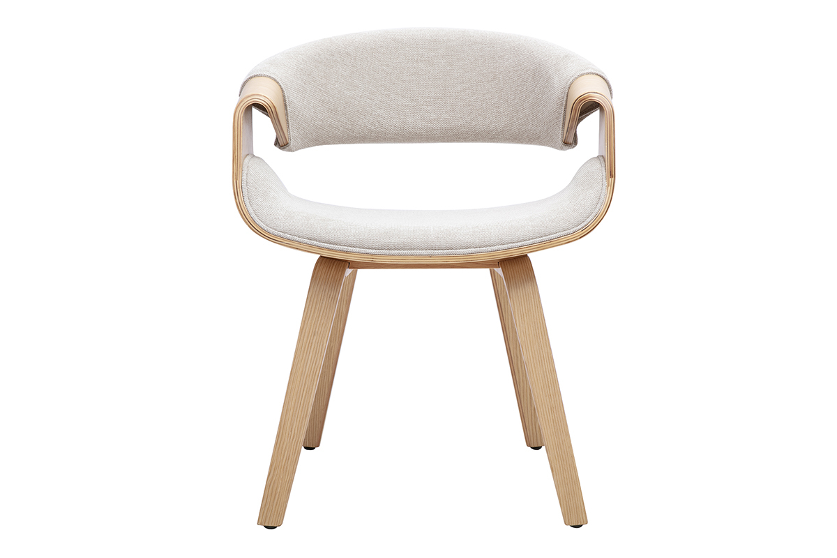 Designstuhl ARAMIS aus beigefarbenem Stoff und hellem Holz, Frontansicht.