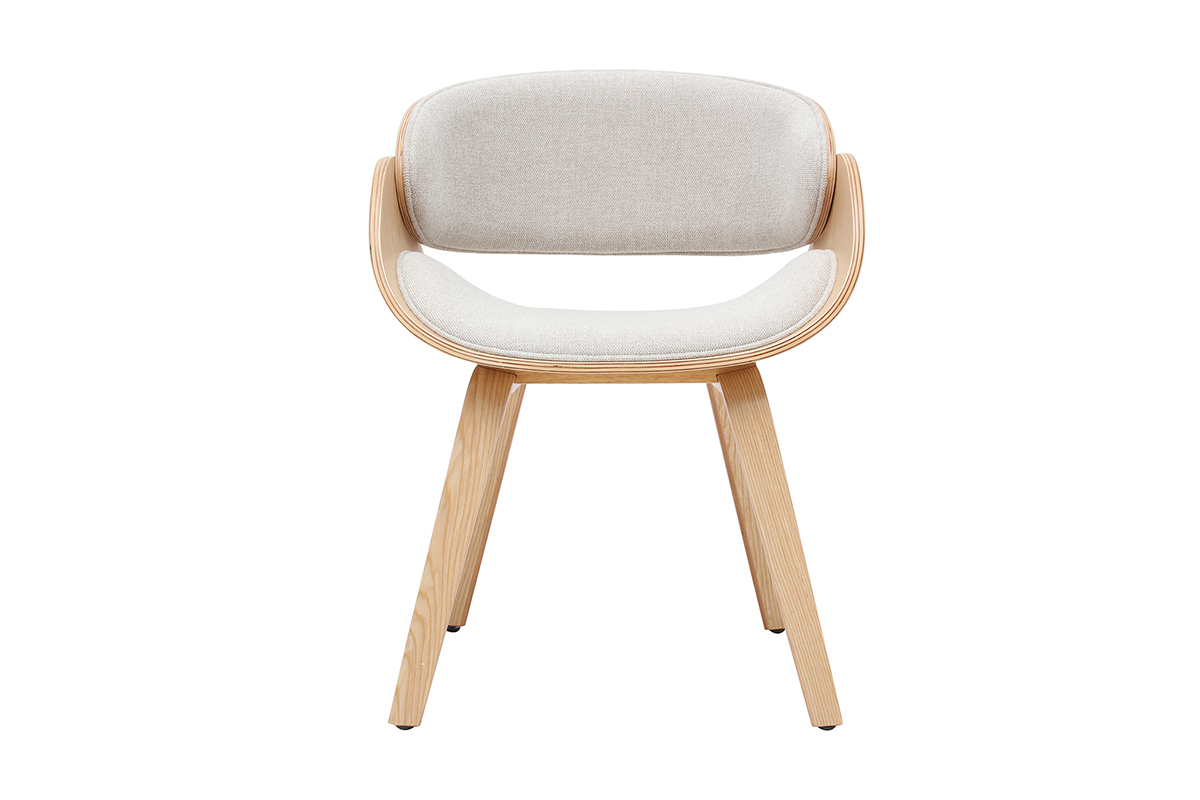 Designstuhl BENT aus beigefarbenem Stoff und hellem Holz, Vorderansicht.