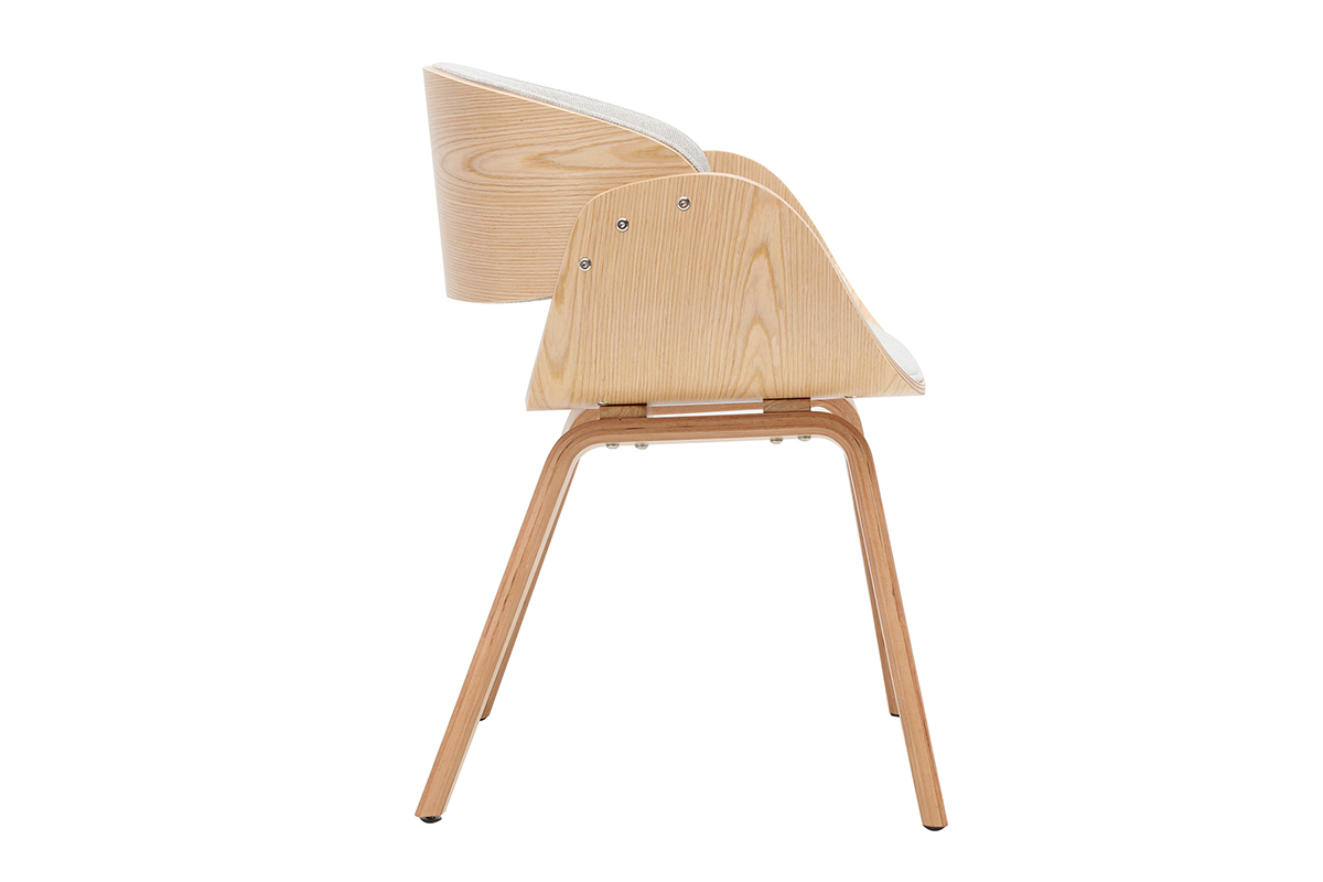 Designstuhl BENT aus beigem Samtstoff und hellem Holz, Seitenansicht.