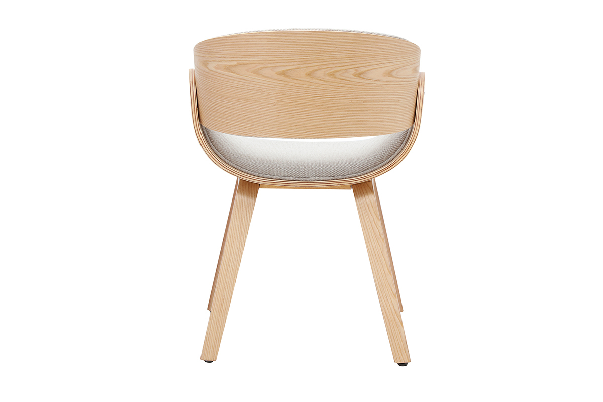 Designstuhl BENT, R�ckansicht, in beigem Stoff und hellem Holz, Scandi-Retro-Stil.
