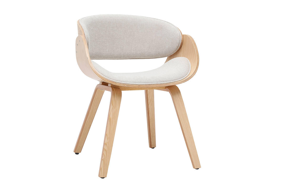 Designerstuhl BENT aus beigefarbenem Stoff in Samtoptik und hellem Holz, 3/4-Ansicht