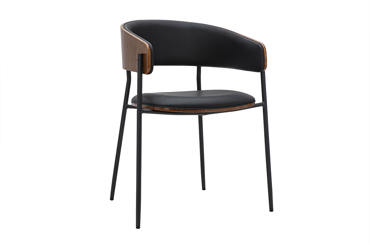 Schwarzer Designstuhl aus dunklem Walnussholz mit umschlie�ender R�ckenlehne, 3/4-Ansicht