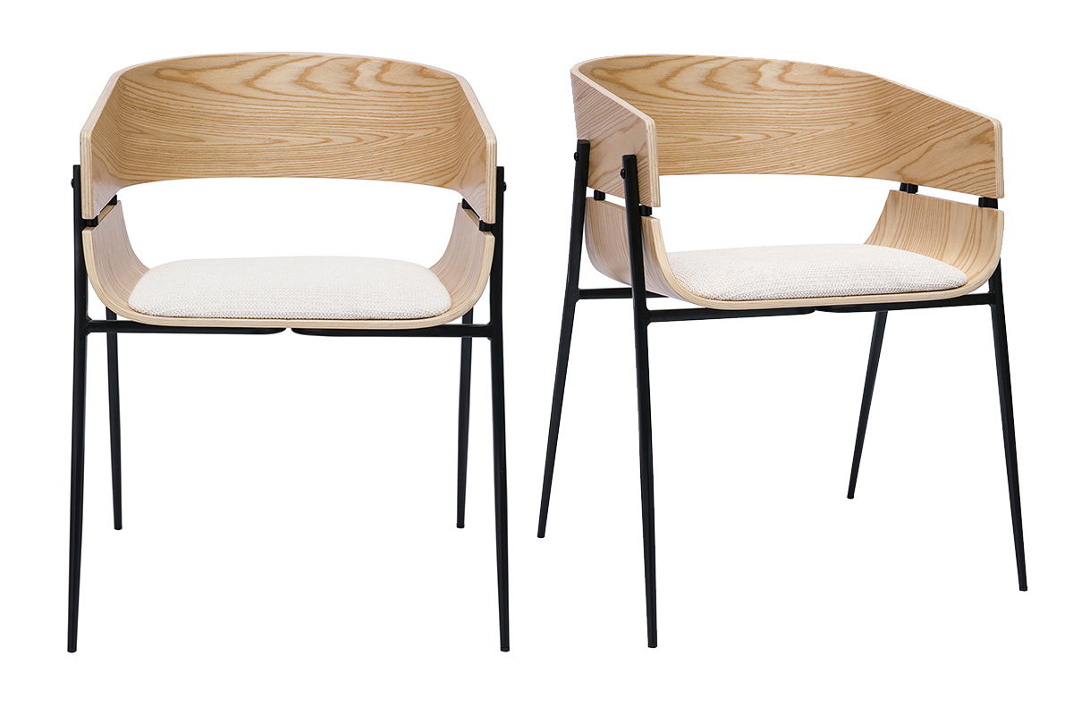 Designst�hle aus hellem Holz und beigem Chenille-Stoff (Set von 2) WESS