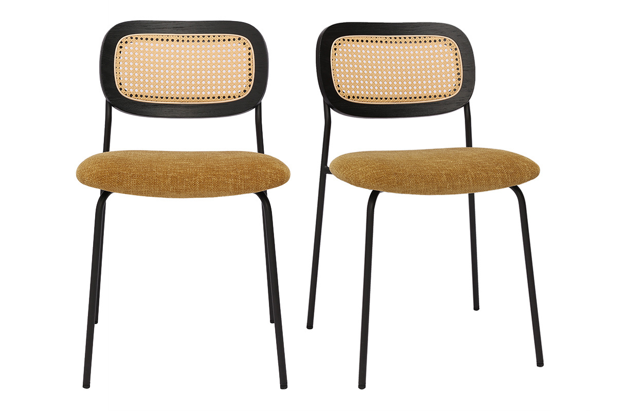 Zwei St�hle mit Sitzfl�che aus bronzefarbenem Samtstoff, R�ckenlehne aus Rattangeflecht, Beine aus schwarzem Metall.