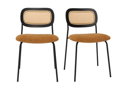 Designstühle aus texturiertem Samteffekt in Bronze, schwarzes Metall und Rattan-Geflecht (2er-Set) MIRANDA