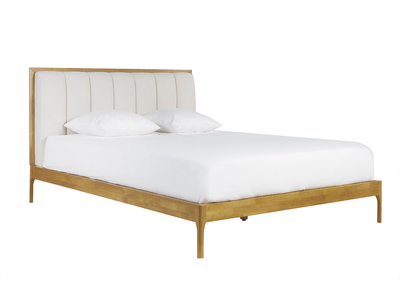 Doppelbett 160x200 cm aus hellem Holz und hellgrauem Stoff RONN