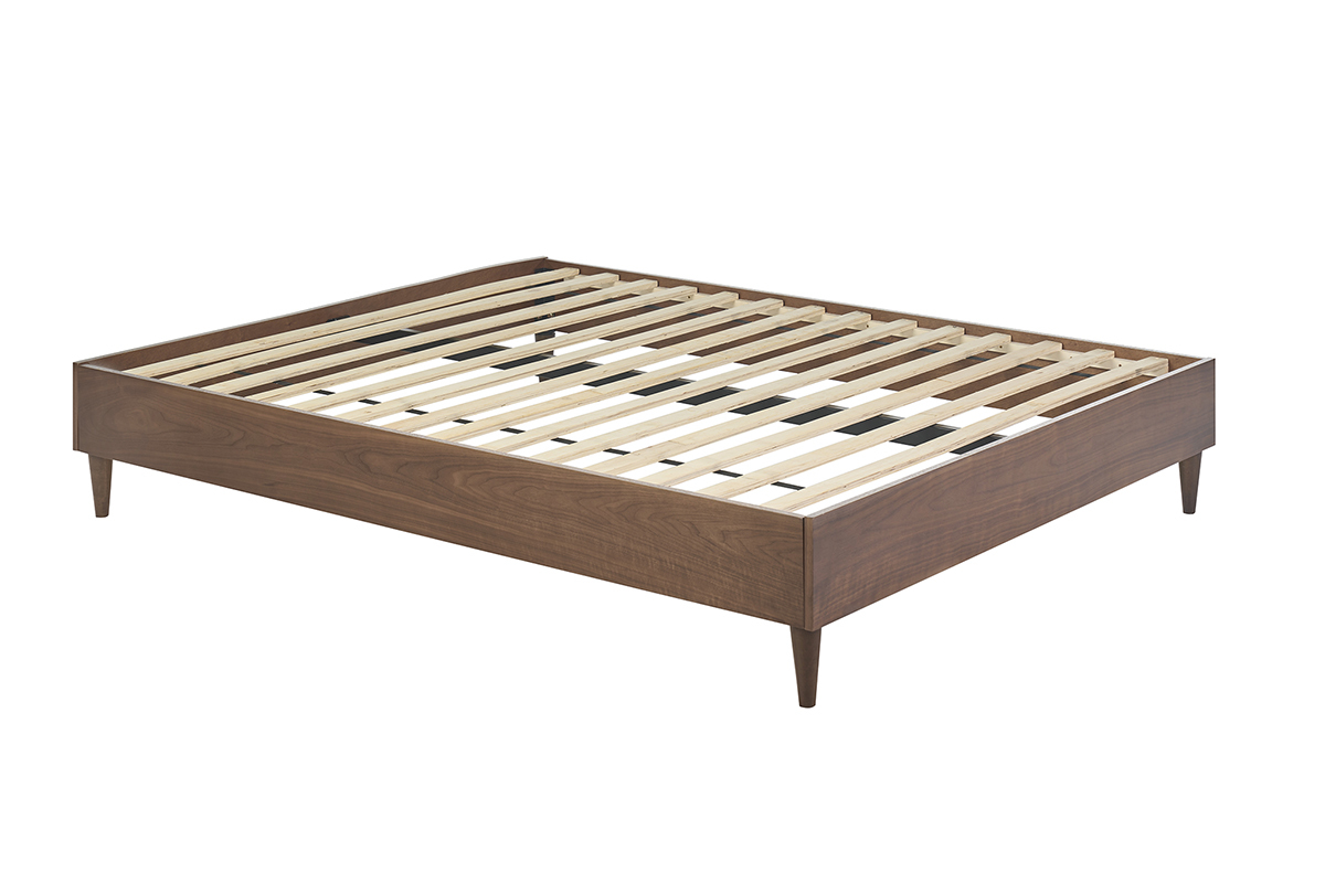 Doppelbett 160x200 cm aus dunklem Holz mit Lattenrost, Seitenansicht