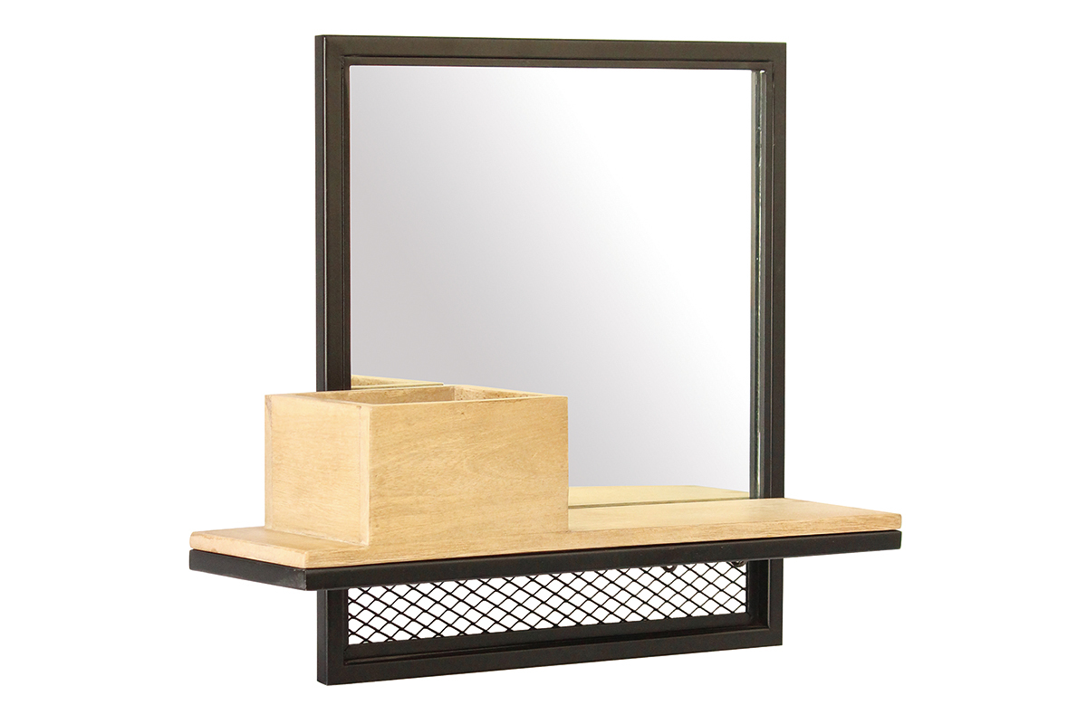 Doppelwandregal mit Spiegel aus Metall und Mangoholz 50cm RACK