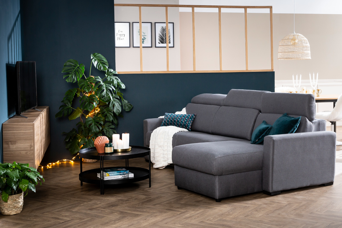 Dreh- und Schlafsofa mit grauem Kasten NORO