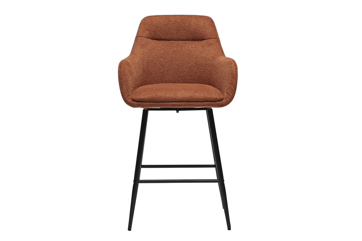 Drehbarer Barhocker aus verbranntem Stoff und Metall, Frontansicht.