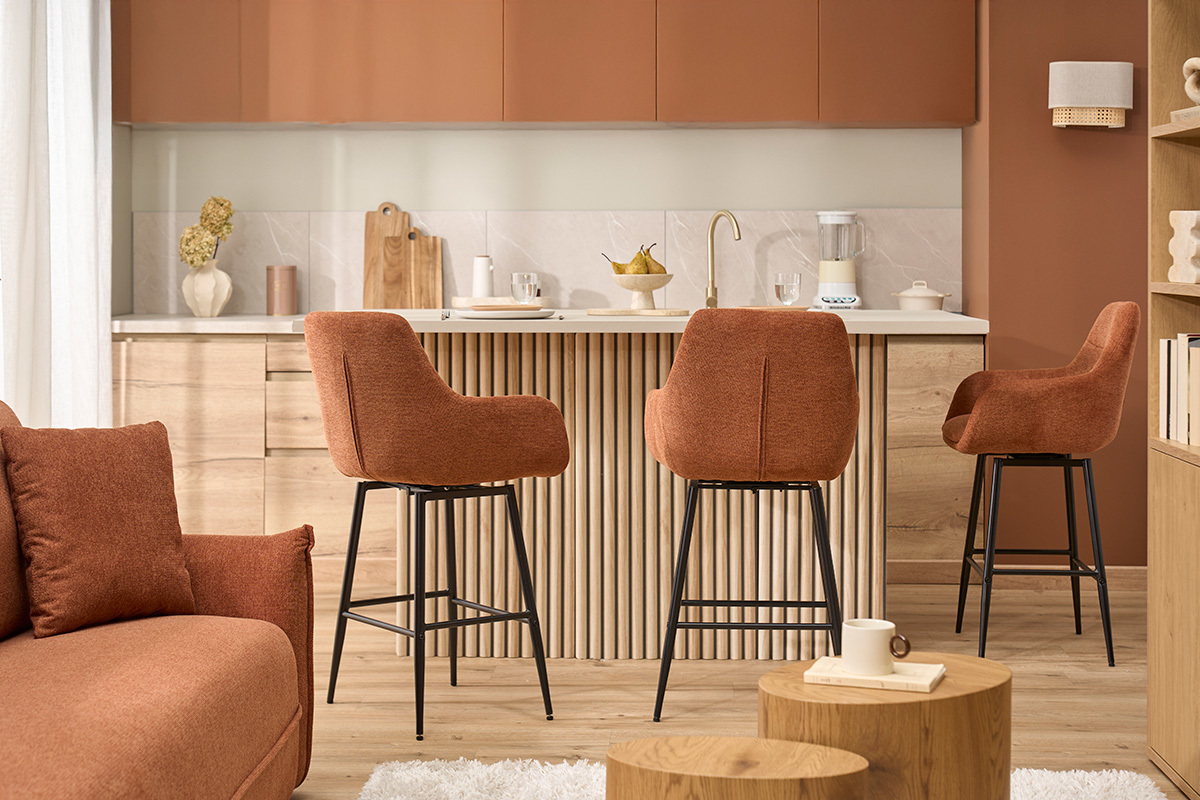 Drehbare Barhocker 360� in strukturiertem Samt-Effekt Brandfarben und Metall H65.5 cm (2er-Set) ALESS