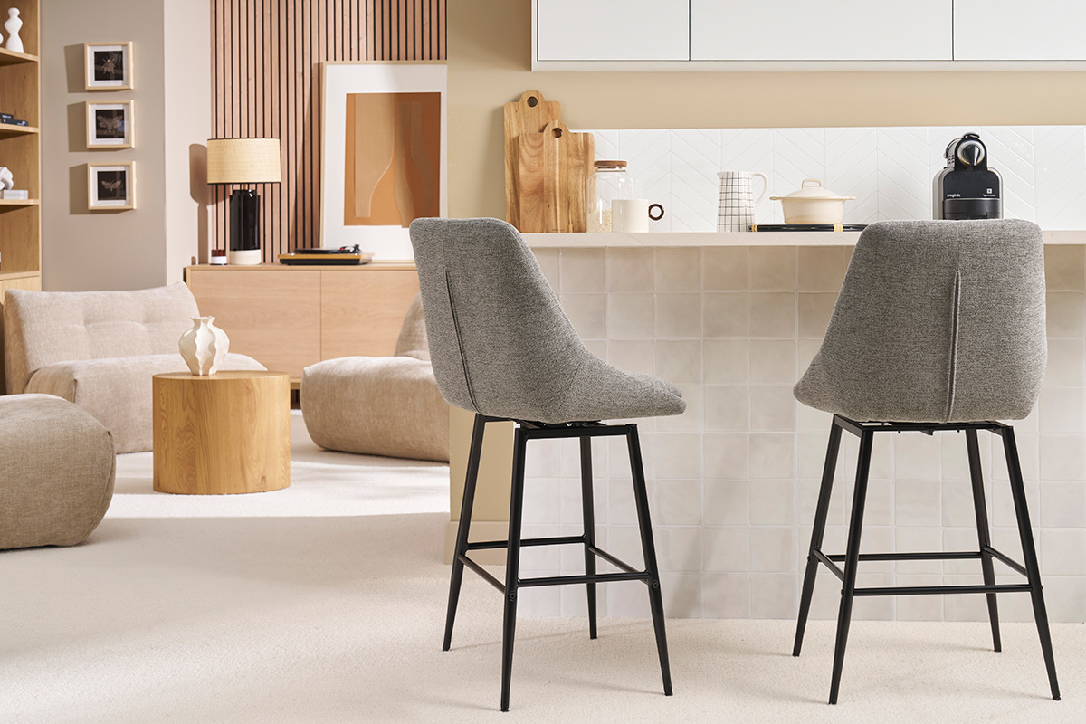 Drehbare Barhocker aus Textil in Grau mit Samteffekt und Metall H66 cm (2er-Set) ALESS