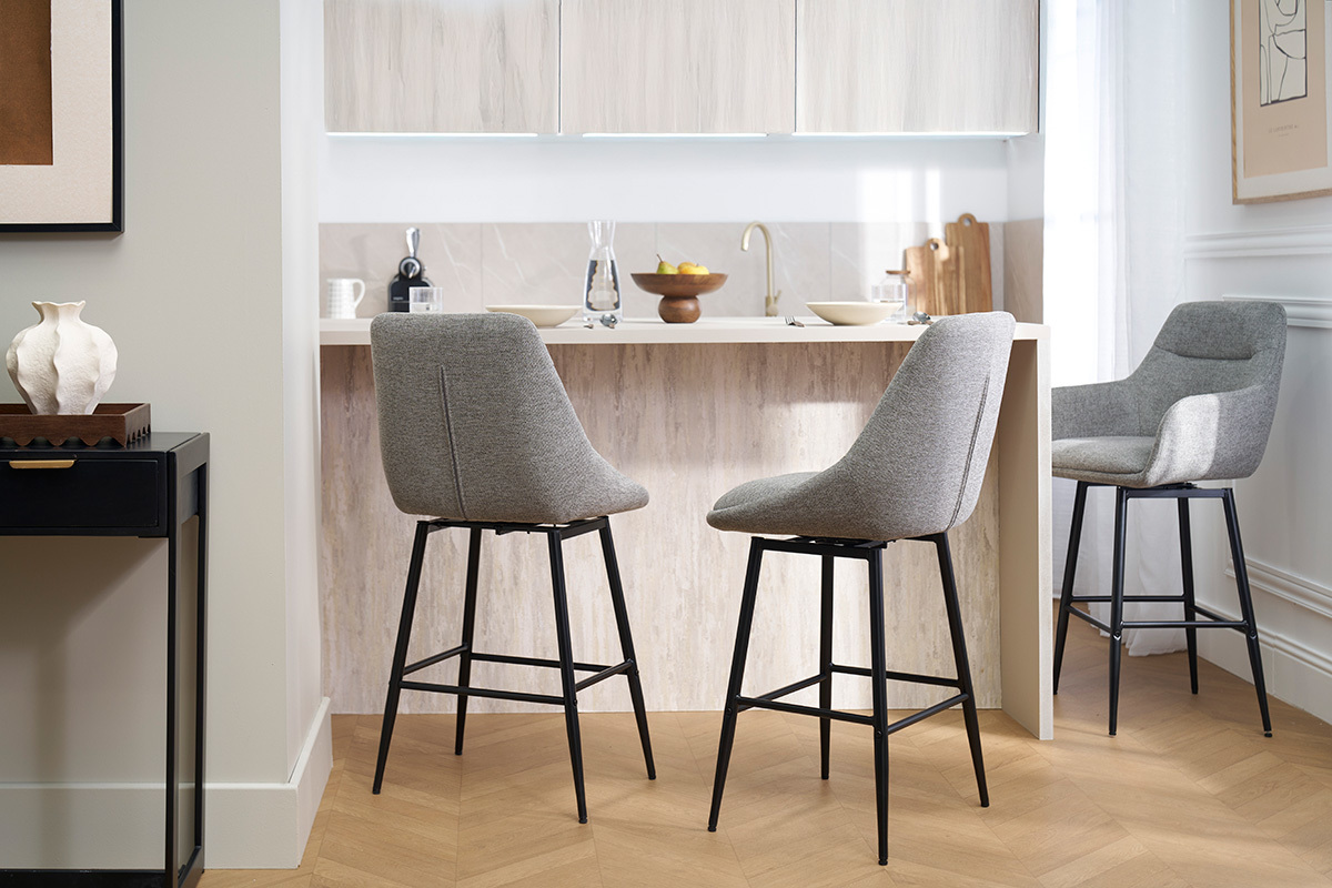 Drehbare Barhocker aus Textil in Grau mit Samteffekt und Metall H66 cm (2er-Set) ALESS