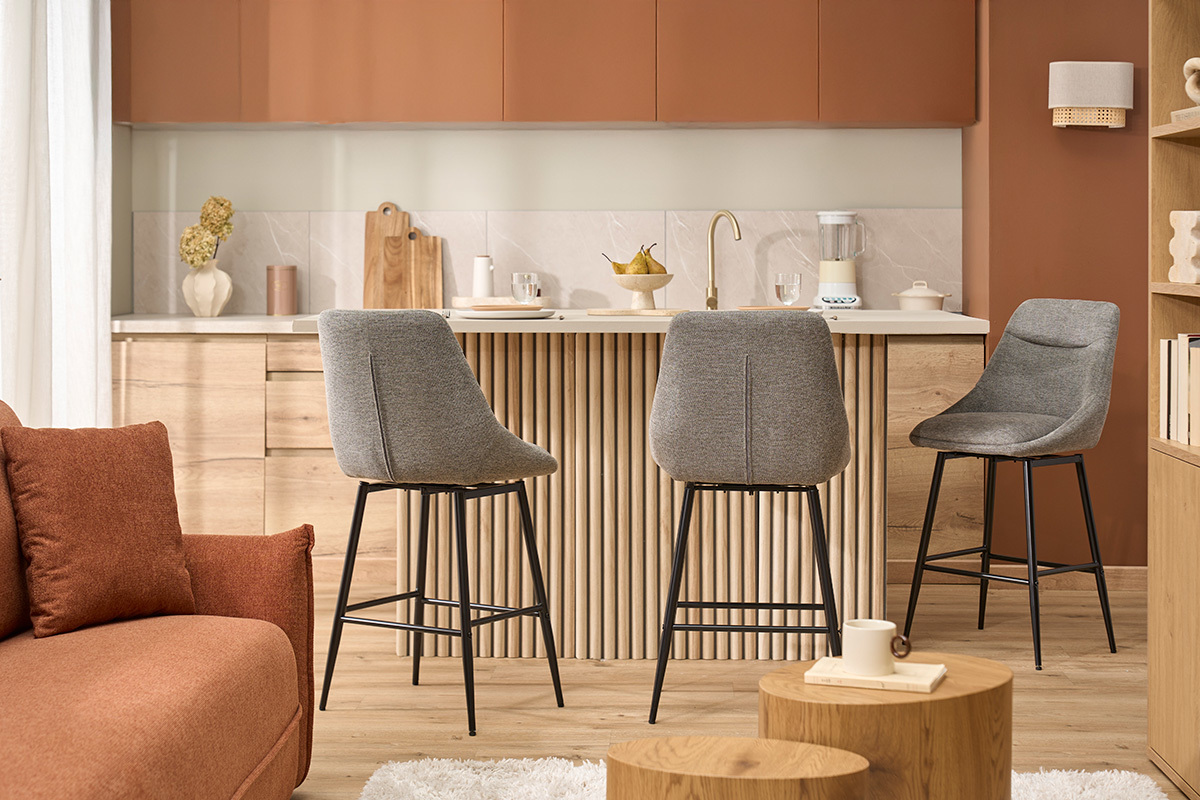 Drehbare Barhocker aus Textil in Grau mit Samteffekt und Metall H66 cm (2er-Set) ALESS