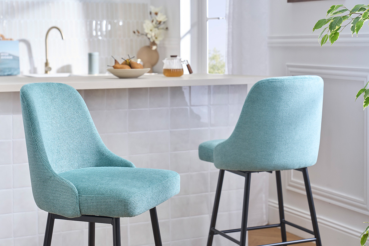Drehbare Barhocker aus texturiertem Samt-Effekt-Stoff in Celadon-Gr�n und Metall H66 cm (2er-Set) HASTA