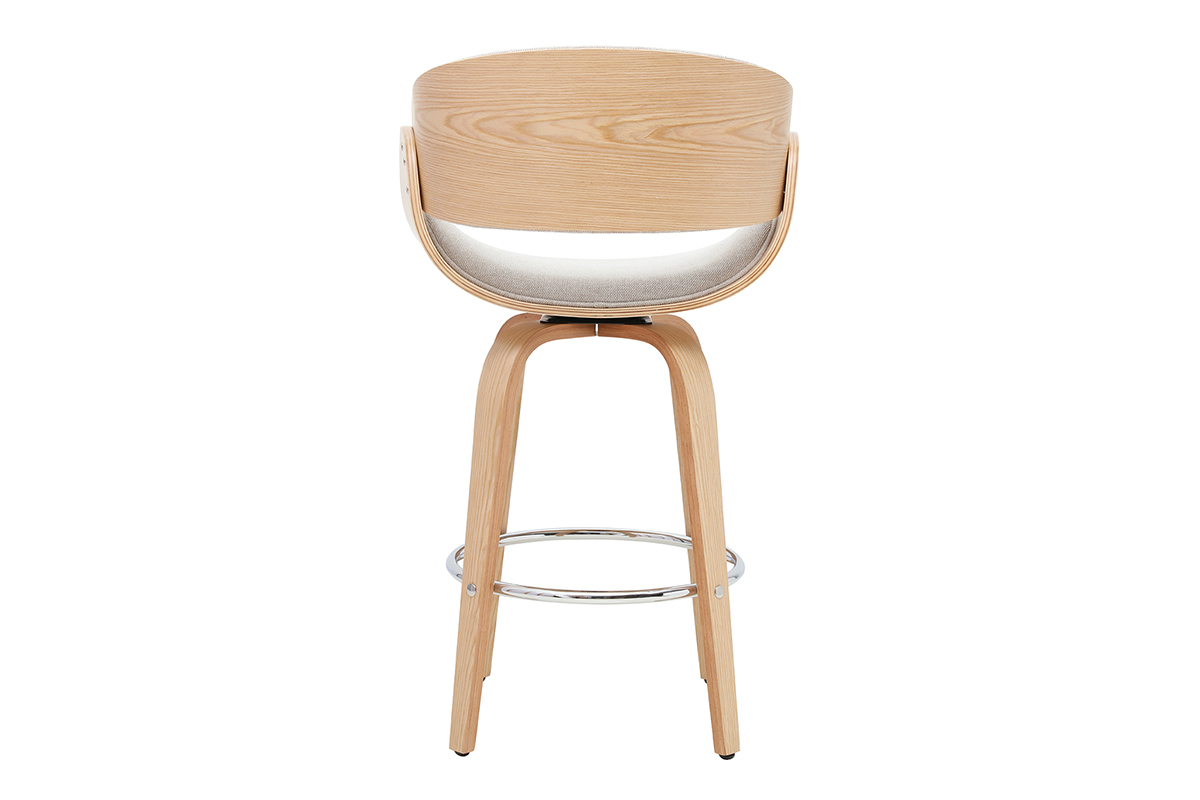 Drehbarer Barhocker aus beigefarbenem Stoff und hellem Holz, R�ckansicht.