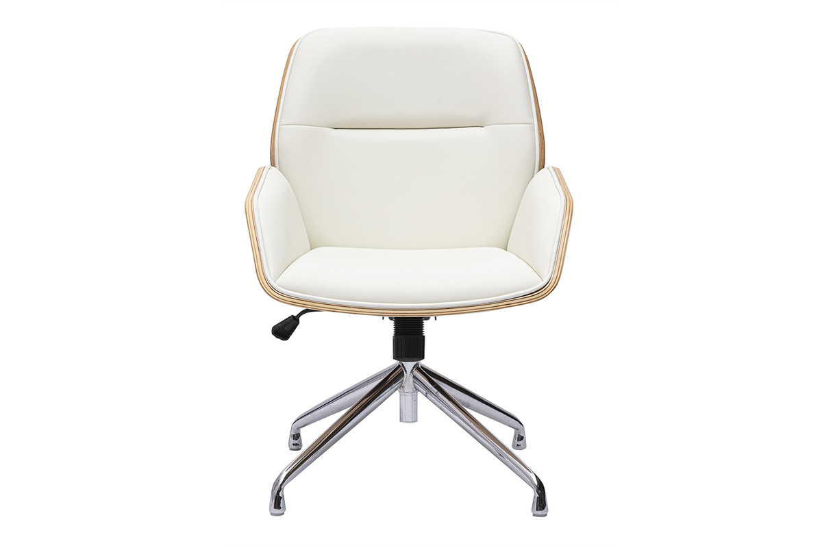 Wei�er, drehbarer B�rostuhl, Vorderansicht, helles Holz und verchromtes Metall.