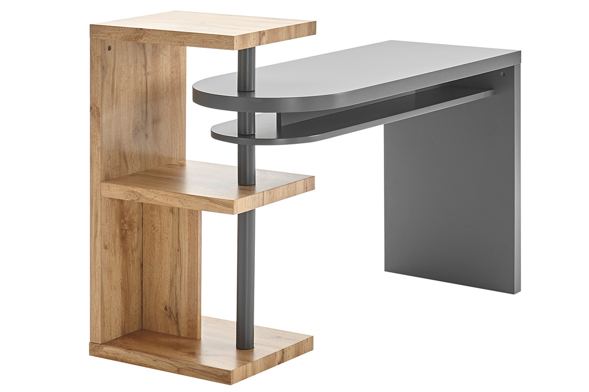 Drehbarer Design-Schreibtisch mit Ablagen grau und Holz SWIPE