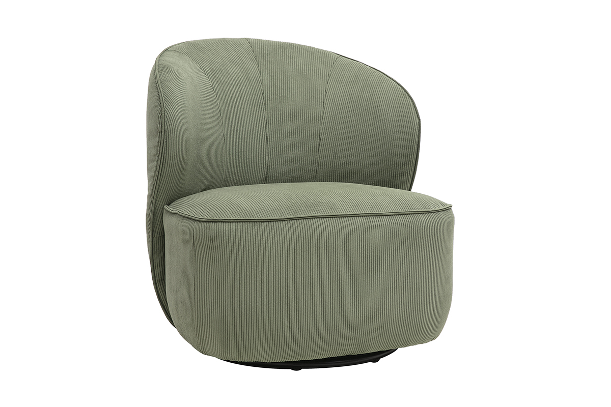 Drehbarer Design-Sessel aus khakigr�nem Cordvelours, 3/4-Ansicht.