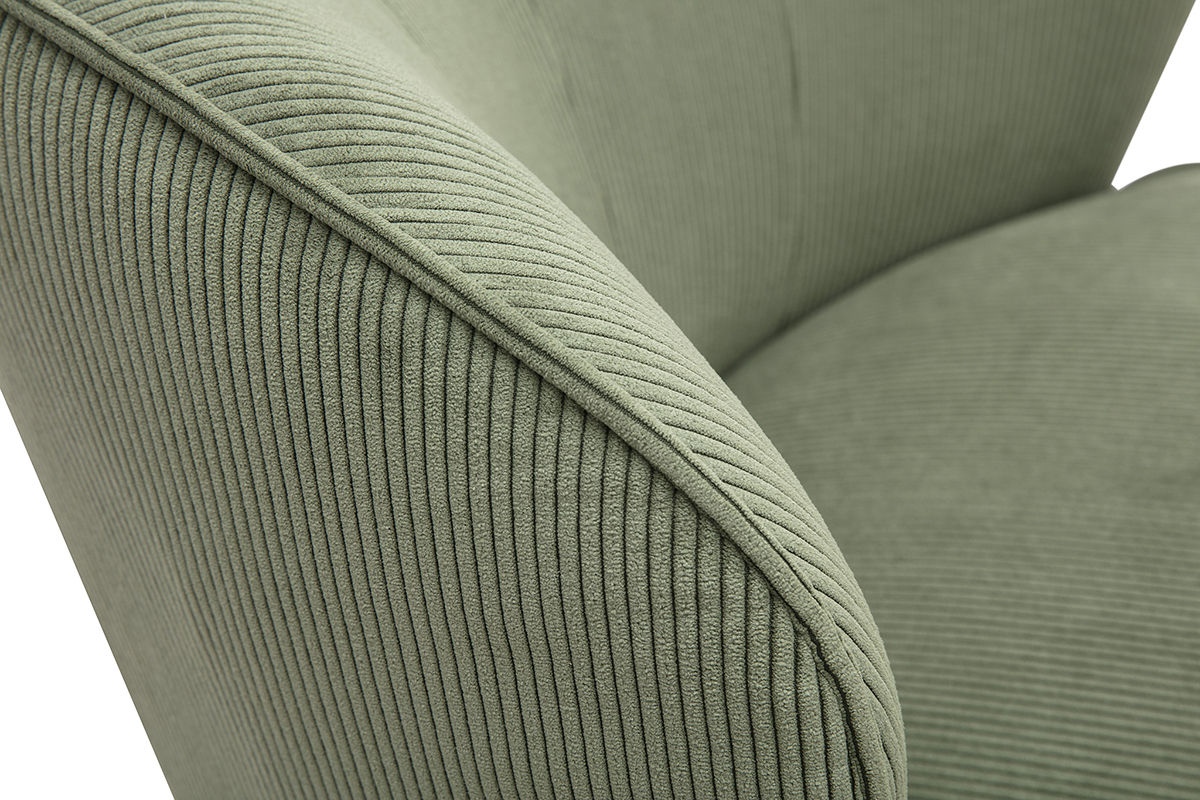Detail des drehbaren Designsessels aus khakigr�nem Cord-Samt AMBER, Nahaufnahme.