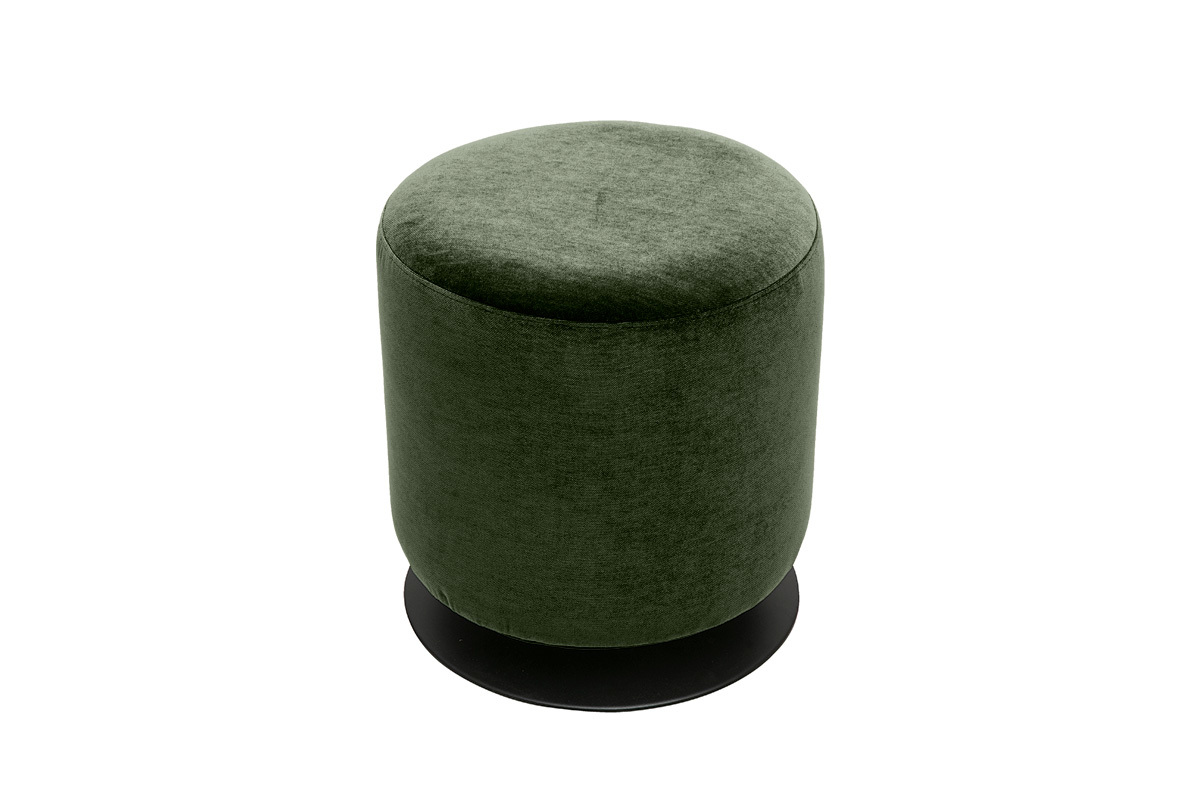 Runder drehbarer Pouf aus gr�nem Samtstoff in Khaki-Optik mit Metallgestell, Draufsicht