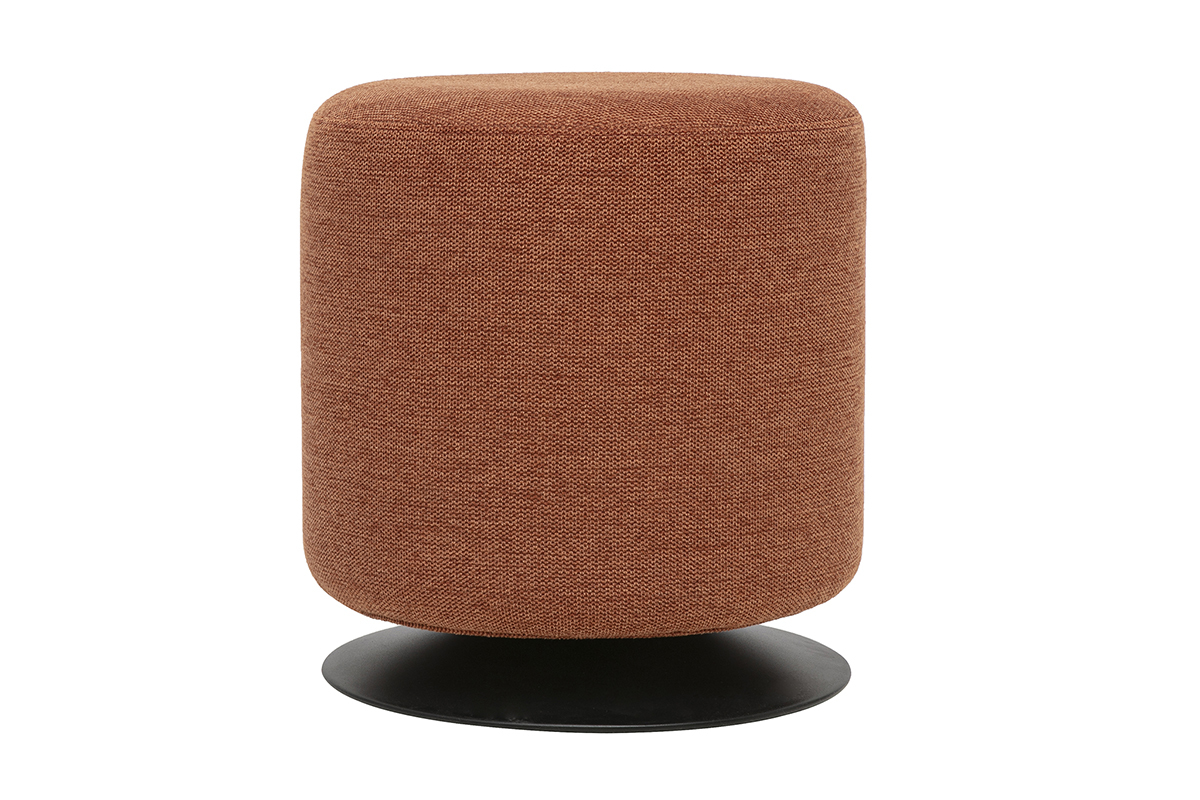 Runder, drehbarer orangefarbener Pouf aus Stoff mit Samteffekt auf einem Metallfu�, Vorderansicht.