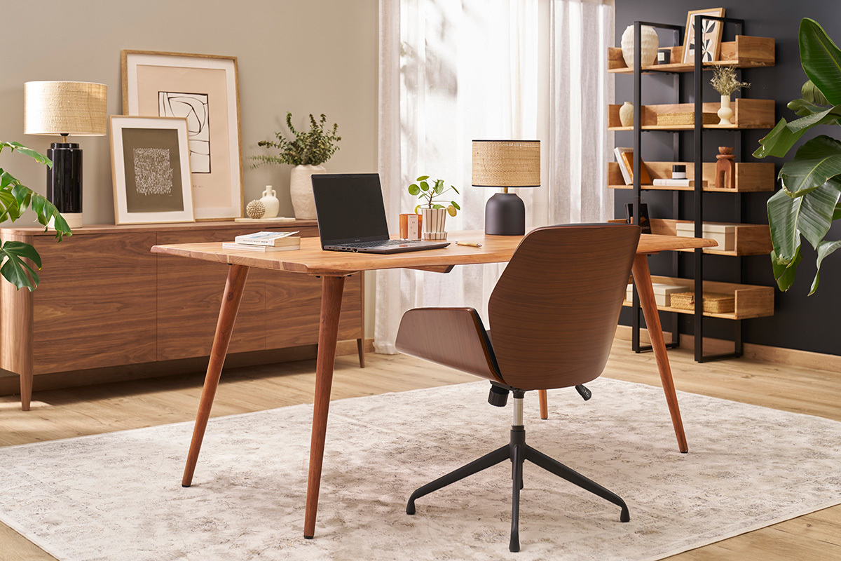 Drehbarer, schwarz-brauner Design-Brostuhl CURVED aus dunklem Nussbaumholz und schwarzem Metall