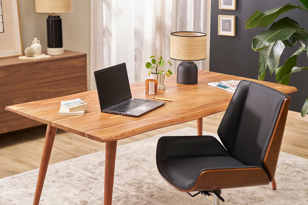 Drehbarer, schwarz-brauner Design-Brostuhl CURVED aus dunklem Nussbaumholz und schwarzem Metall