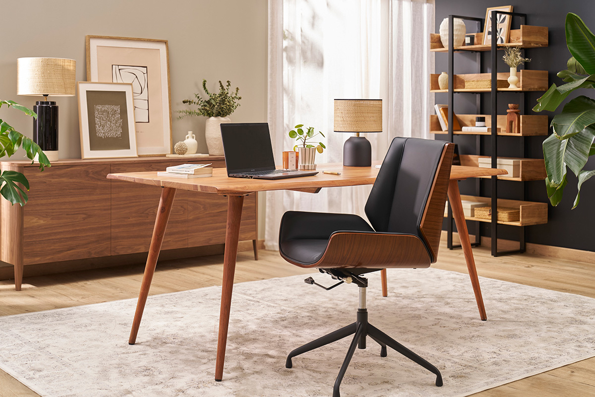 Drehbarer, schwarz-brauner Design-Brostuhl CURVED aus dunklem Nussbaumholz und schwarzem Metall