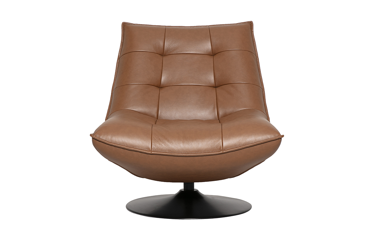 Drehbarer Sessel aus braunem Leder und schwarzem Metall HUXLEY, Frontansicht