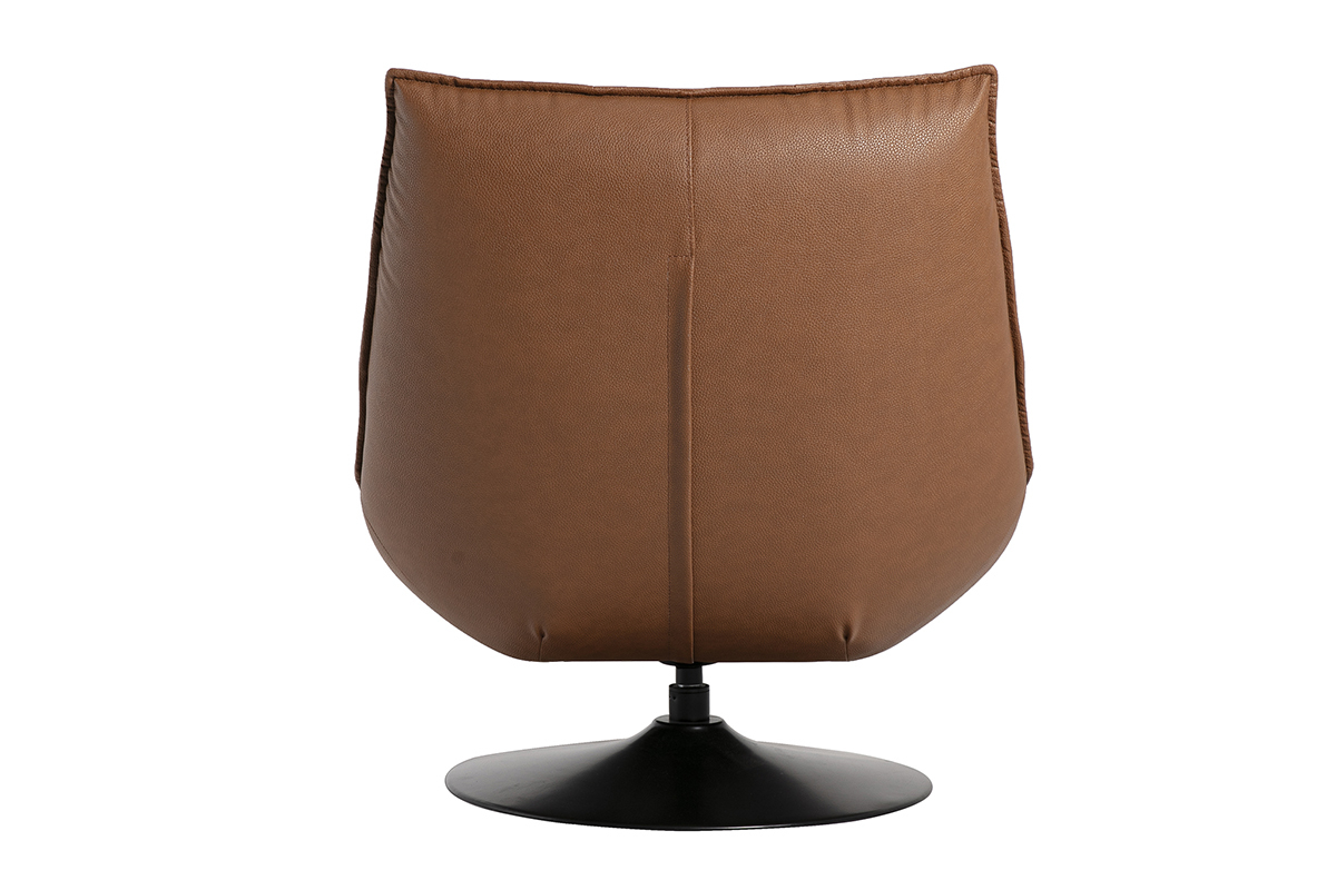 R�ckansicht des drehbaren Sessels aus braunem Leder mit schwarzem Metallfu� HUXLEY.