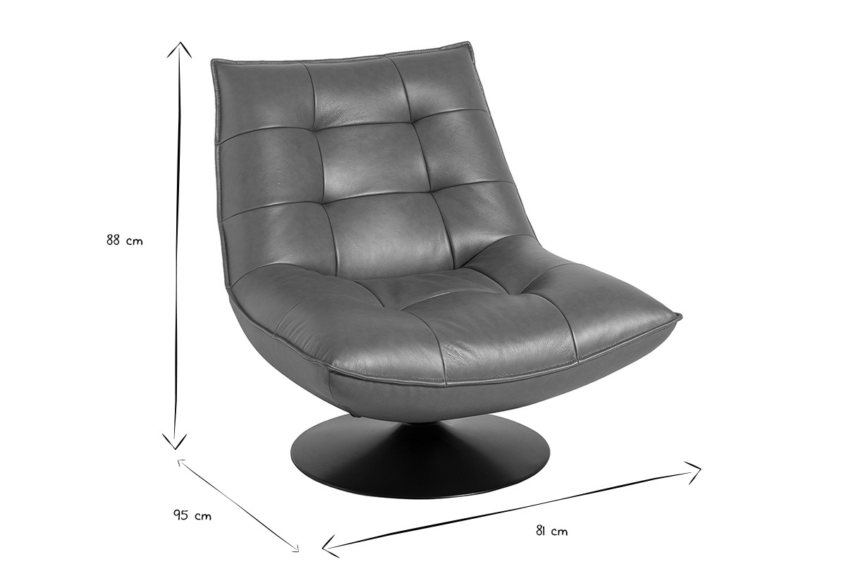 Drehbarer Sessel aus braunem Leder und schwarzem Metall HUXLEY