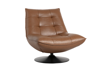 Drehbarer Sessel aus braunem Leder und schwarzem Metall HUXLEY