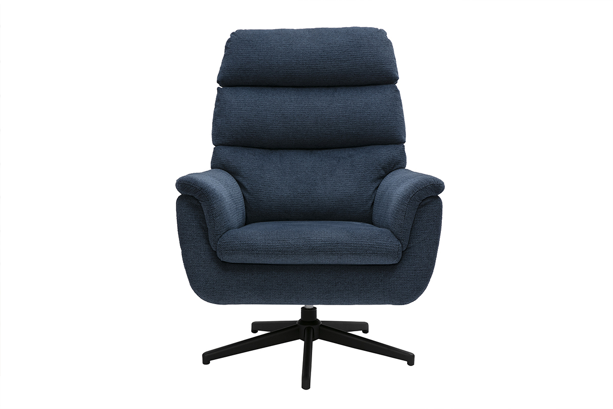 Drehbarer Sessel aus dunkelblauem Chenille-Stoff und schwarzem Metall JONAH